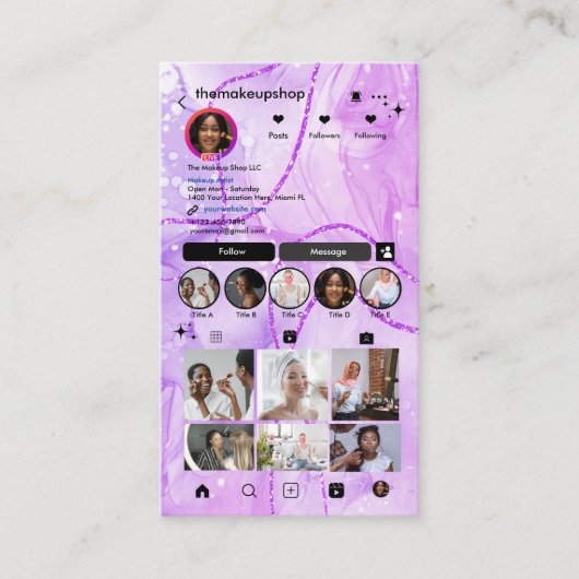Instagram Paarse Marmeren QR-code sociale media Visitekaartje (Voorkant)