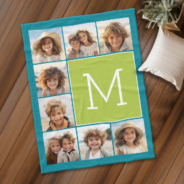Instagram Photo Collage Monogram - Blauw en Limoen Fleece Deken