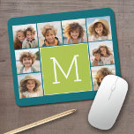 Instagram Photo Collage Monogram - Blauw en Limoen Muismat<br><div class="desc">Vibrant Green en een rijke Blauwgroen Blauwe Achtergrond - u kunt vierkante of selfie foto's voor dit ontwerp gebruiken. Gebruik 8 vierkante foto's om een uniek en persoonlijk cadeau te creëer. Of je kunt de hipster puppy houden en een trendy keepslag maken. Als u de afbeeldingen moet aanpassen, klik op...</div>