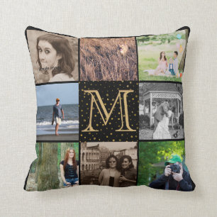 Instagram Photo Collage   Monogram zwarte goudStip Kussen