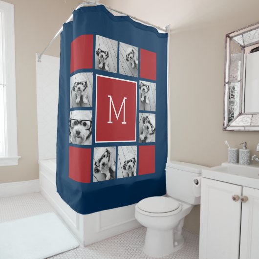 Instagram Photo Collage Monogrammen - Rode marine Douchegordijn (In situ)
