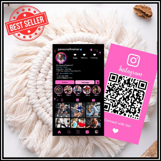 Instagram Verbind met ons Roze Personal Trainer Visitekaartje
