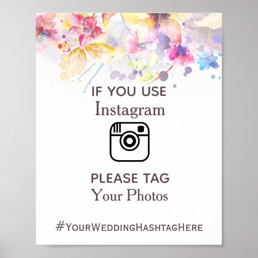 Instagram Waterverf Pastel Floral Wedding Sign. Poster (Voorkant)