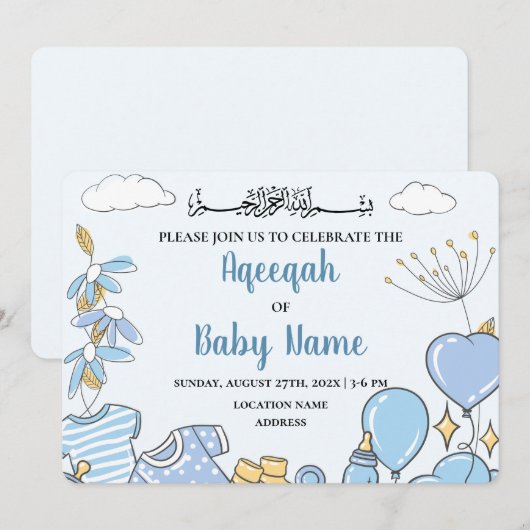 Instant bewerkbare Baby Boy Aqeeqah Uitnodiging Ka (Voorkant / Achterkant)
