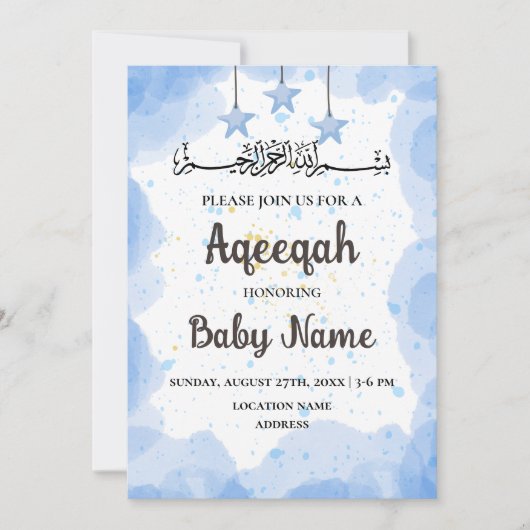 Instant Blue Aqeeqah Aqiqah Invitation Kaart (Voorkant)