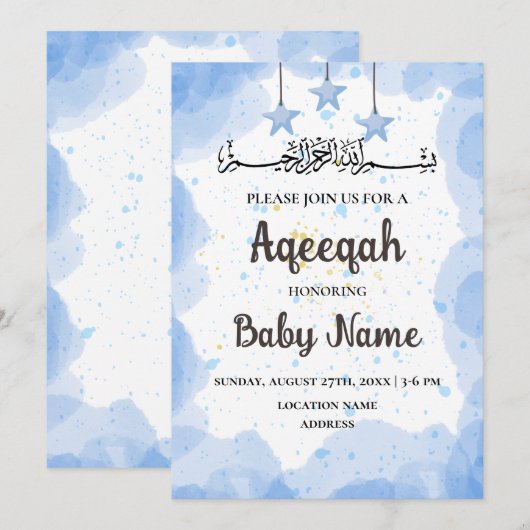Instant Blue Aqeeqah Aqiqah Invitation Kaart (Voorkant / Achterkant)
