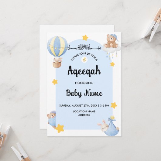 Instant Blue Aqeeqah Aqiqah Uitnodigingskaart Kaart (Voorkant / Achterkant in situ)