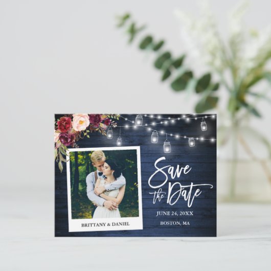 Instant Camera Blauw Hout Bloemenpotten Save The D Briefkaart (Staand voorkant)