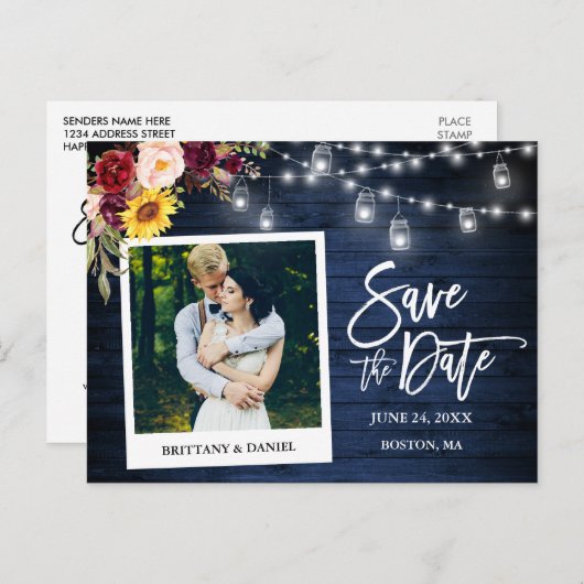 Instant Camera Bloemenpotten Blauw Hout De datum o Briefkaart (Voorkant / Achterkant)