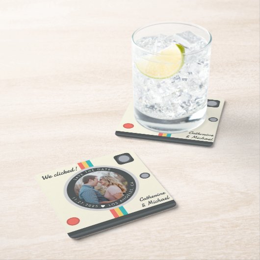 Instant Camera Couple Photo Unique Save the Date Kartonnen Onderzetters (Insitu)