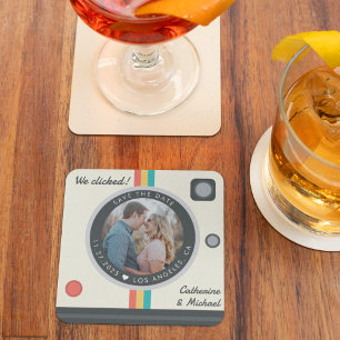 Instant Camera Couple Photo Unique Save the Date Kartonnen Onderzetters