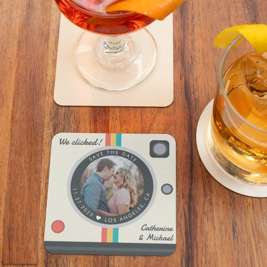 Instant Camera Couple Photo Unique Save the Date Kartonnen Onderzetters