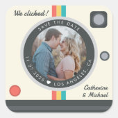 Instant Camera Couple Photo Unique Save the Date Vierkante Sticker (Voorkant)