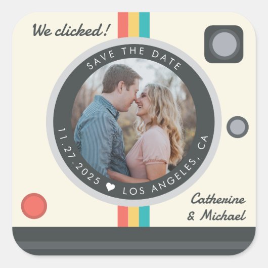 Instant Camera Couple Photo Unique Save the Date Vierkante Sticker (Voorkant)