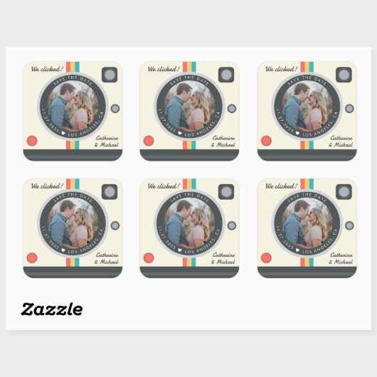 Instant Camera Couple Photo Unique Save the Date Vierkante Sticker (Vel)