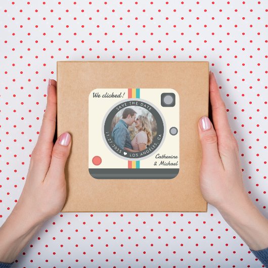 Instant Camera Couple Photo Unique Save the Date Vierkante Sticker