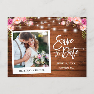 Instant Camera Hout Roze Bloemen Save The Date Briefkaart