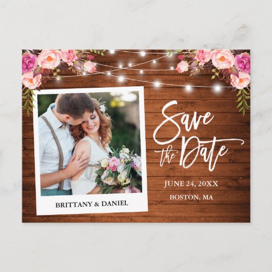 Instant Camera Hout Roze Bloemen Save The Date Briefkaart (Voorkant)