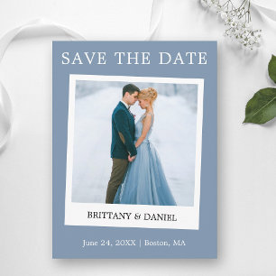 Instant camera stijl save the date stoffig blauw briefkaart