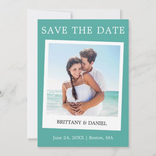 Instant Camera Style Couple Photo Blauwgroen Save The Date (Voorkant)