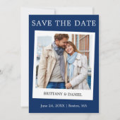 Instant Camera Style Couple Photo Blue Save The Date (Voorkant)