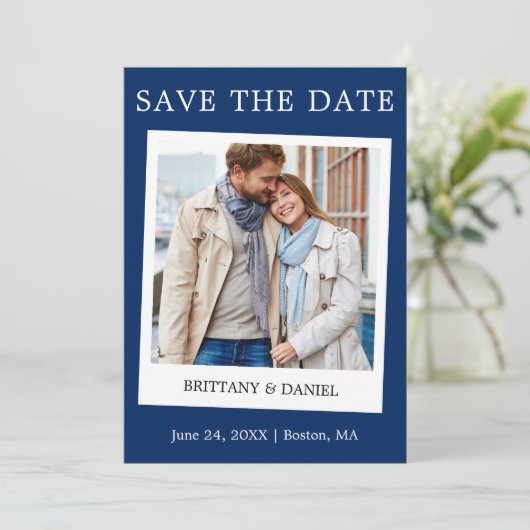 Instant Camera Style Couple Photo Blue Save The Date (Staand voorkant)