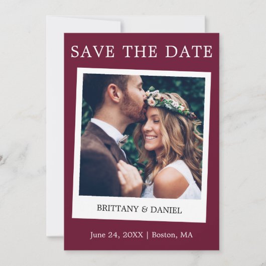 Instant Camera Style Couple Photo Burgundy Save The Date (Voorkant)