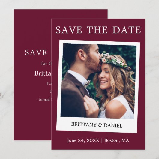 Instant Camera Style Couple Photo Burgundy Save The Date (Voorkant / Achterkant)