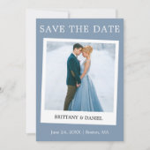 Instant Camera Style Couple Photo Dusty Blue Save The Date (Voorkant)