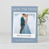 Instant Camera Style Couple Photo Dusty Blue Save The Date (Staand voorkant)