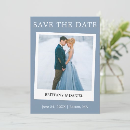 Instant Camera Style Couple Photo Dusty Blue Save The Date (Staand voorkant)