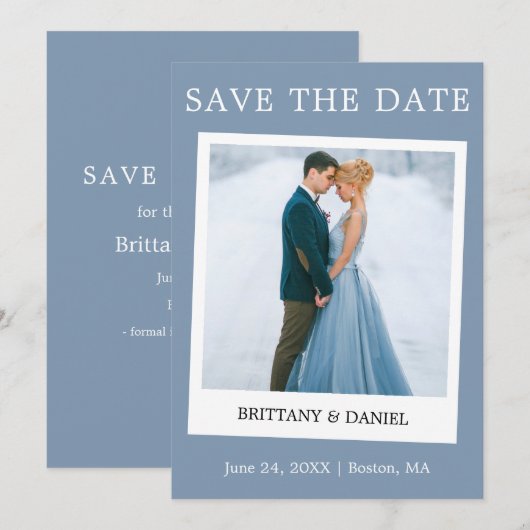 Instant Camera Style Couple Photo Dusty Blue Save The Date (Voorkant / Achterkant)