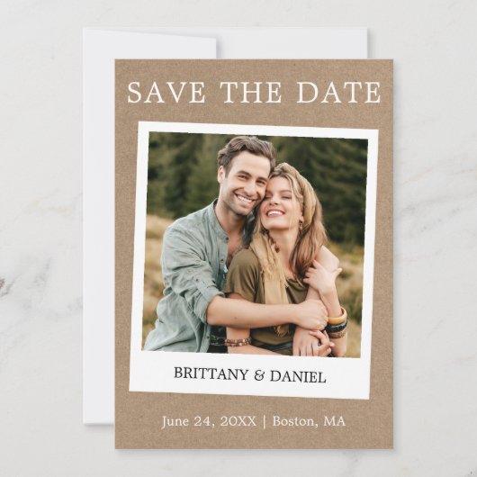 Instant Camera Style Couple Photo Kraft Save The Date (Voorkant)