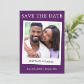 Instant Camera Style Couple Photo Paars Save The Date (Staand voorkant)