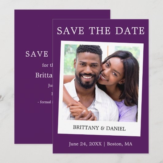 Instant Camera Style Couple Photo Paars Save The Date (Voorkant / Achterkant)
