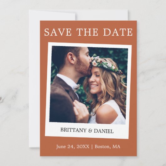 Instant Camera Style Couple Photo Terracotta Save The Date (Voorkant)
