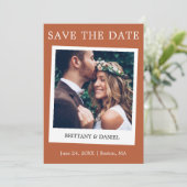 Instant Camera Style Couple Photo Terracotta Save The Date (Staand voorkant)