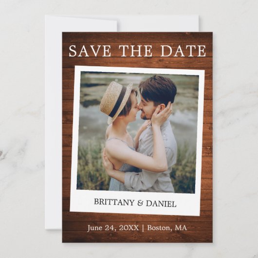 Instant Camera Style Couple Photo Wood Save The Date (Voorkant)