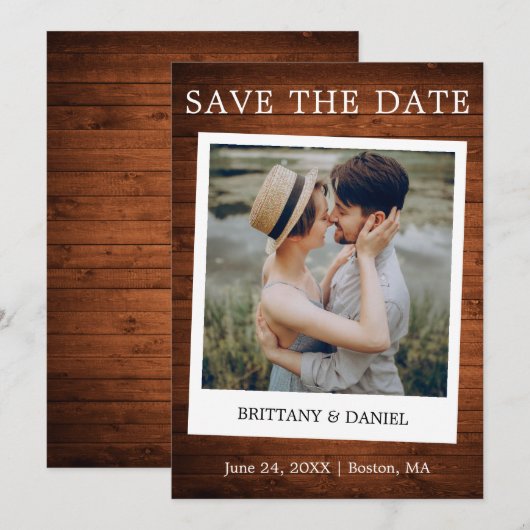 Instant Camera Style Couple Photo Wood Save The Date (Voorkant / Achterkant)