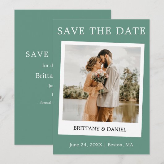 Instant Camera Style Paar Foto Eucalyptus Green Save The Date (Voorkant / Achterkant)
