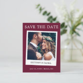 Instant Camera Style Photo Save the Date Burgundy Briefkaart (Staand voorkant)