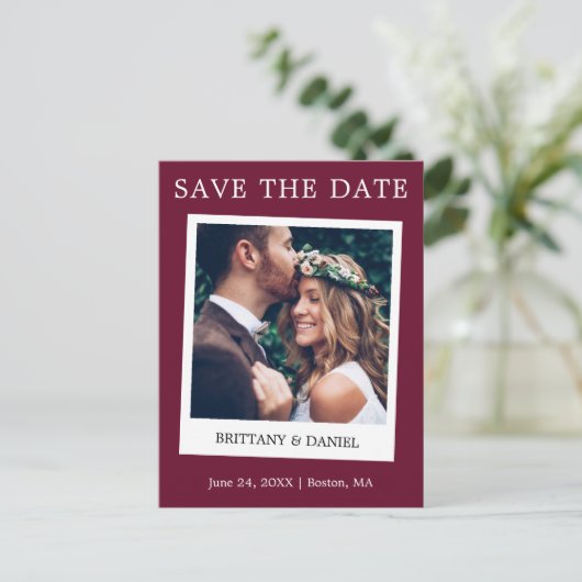 Instant Camera Style Photo Save the Date Burgundy Briefkaart (Staand voorkant)