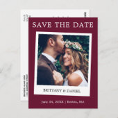 Instant Camera Style Photo Save the Date Burgundy Briefkaart (Voorkant / Achterkant)