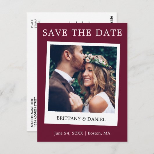 Instant Camera Style Photo Save the Date Burgundy Briefkaart (Voorkant / Achterkant)