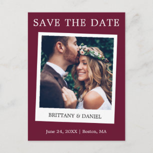 Instant Camera Style Photo Save the Date Burgundy Briefkaart