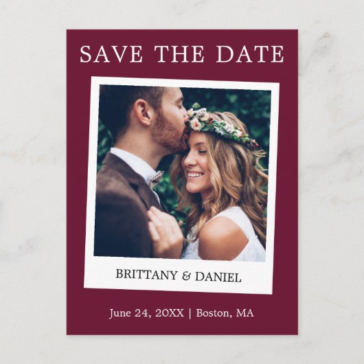 Instant Camera Style Photo Save the Date Burgundy Briefkaart (Voorkant)