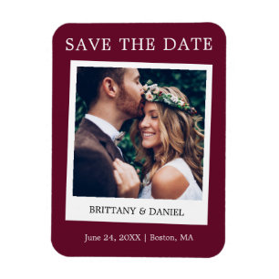 Instant Camera Style Photo Save the Date Burgundy Magneet