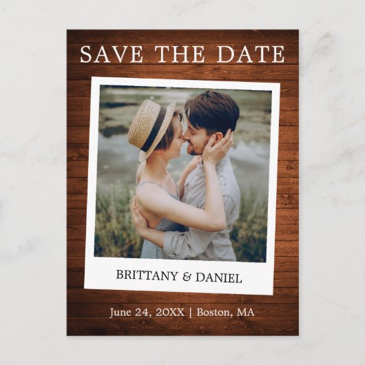 Instant Camera Style Photo Wood Save the Date Briefkaart (Voorkant)
