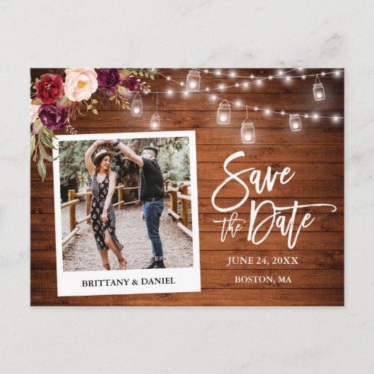 Instant Camera Wood Floral Jars Save the Date Briefkaart (Voorkant)