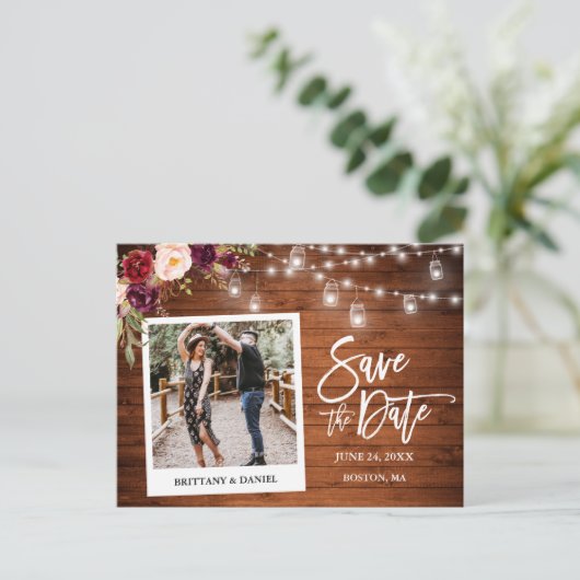 Instant Camera Wood Floral Jars Save the Date Briefkaart (Staand voorkant)